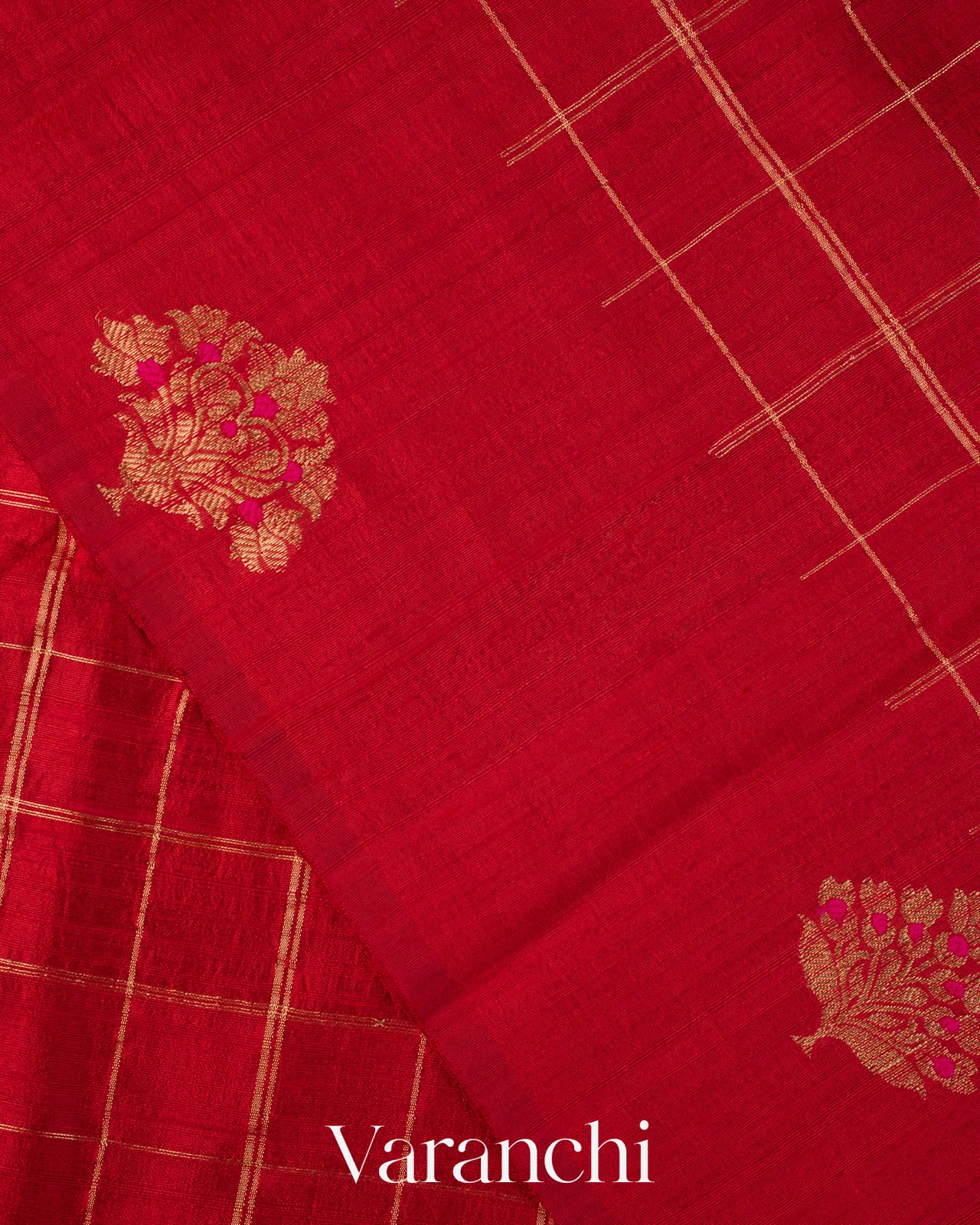 Crimson Red Checkered Pure Raw Silk Handloom Saree