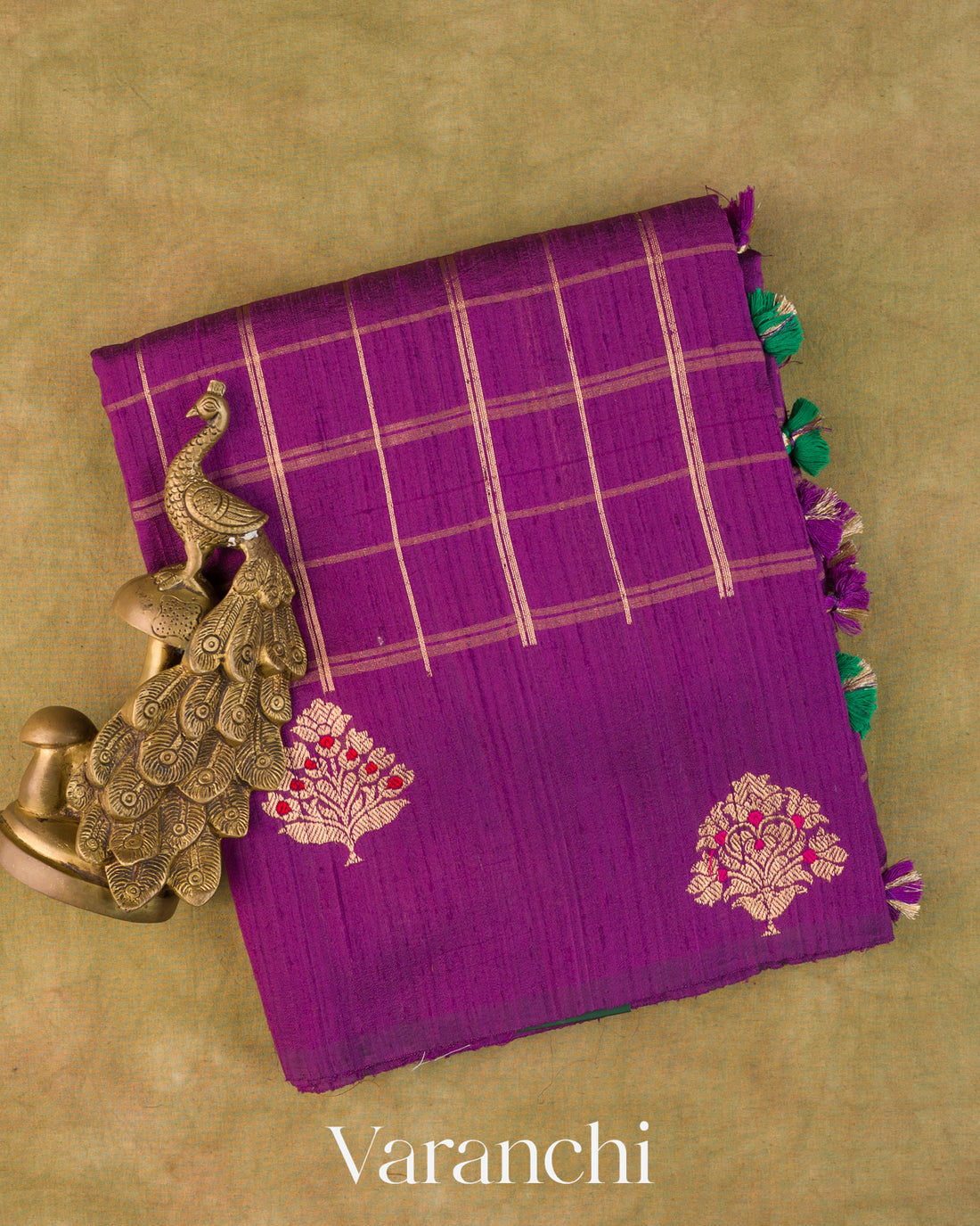 Purple Checkered Pure Raw Silk Handloom Saree