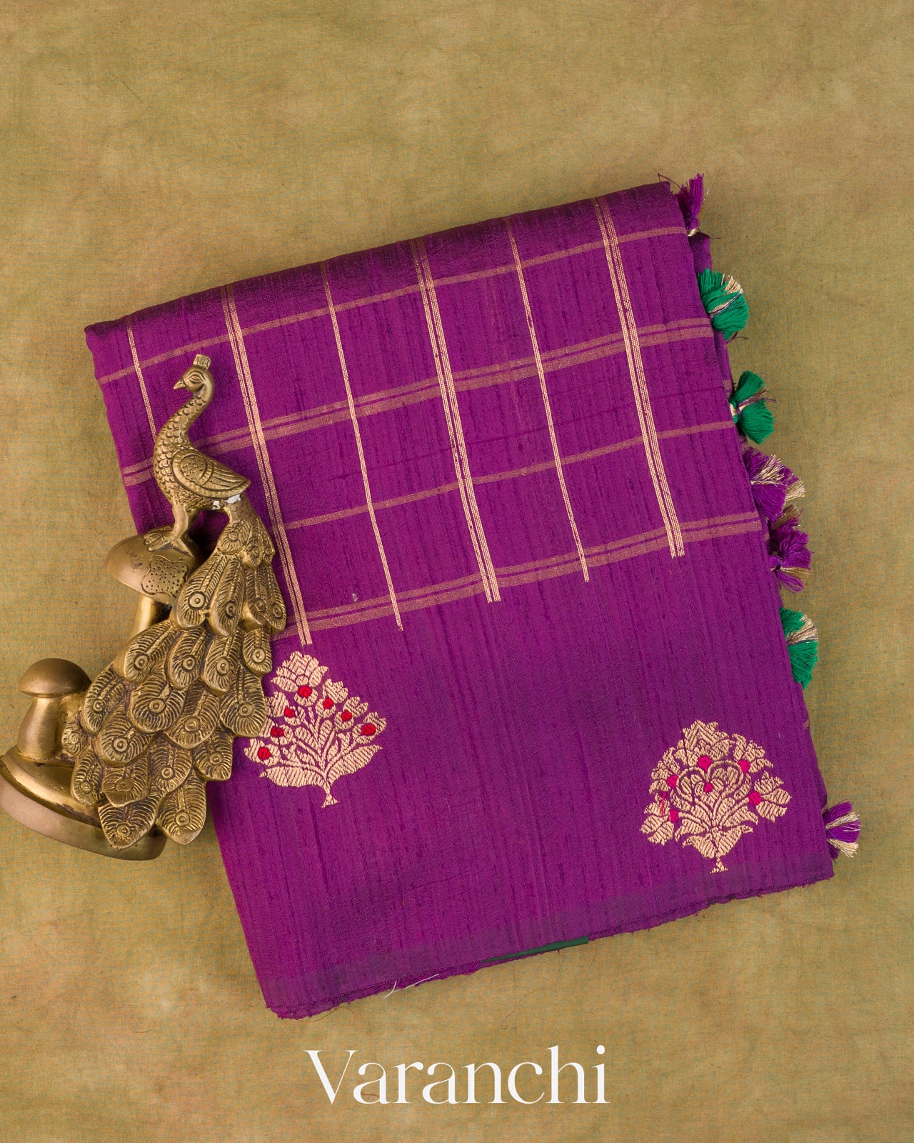 Purple Checkered Pure Raw Silk Handloom Saree