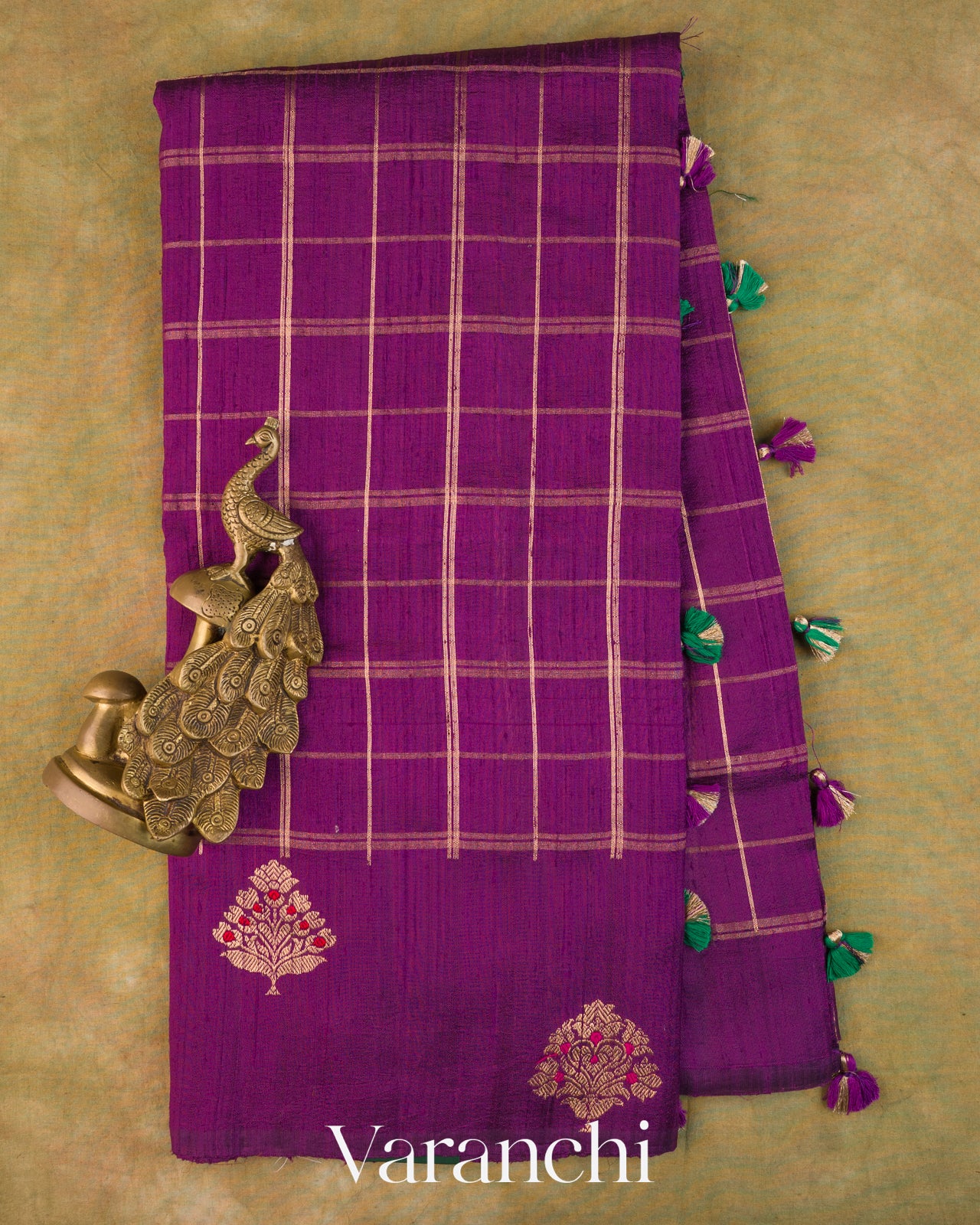 Purple Checkered Pure Raw Silk Handloom Saree