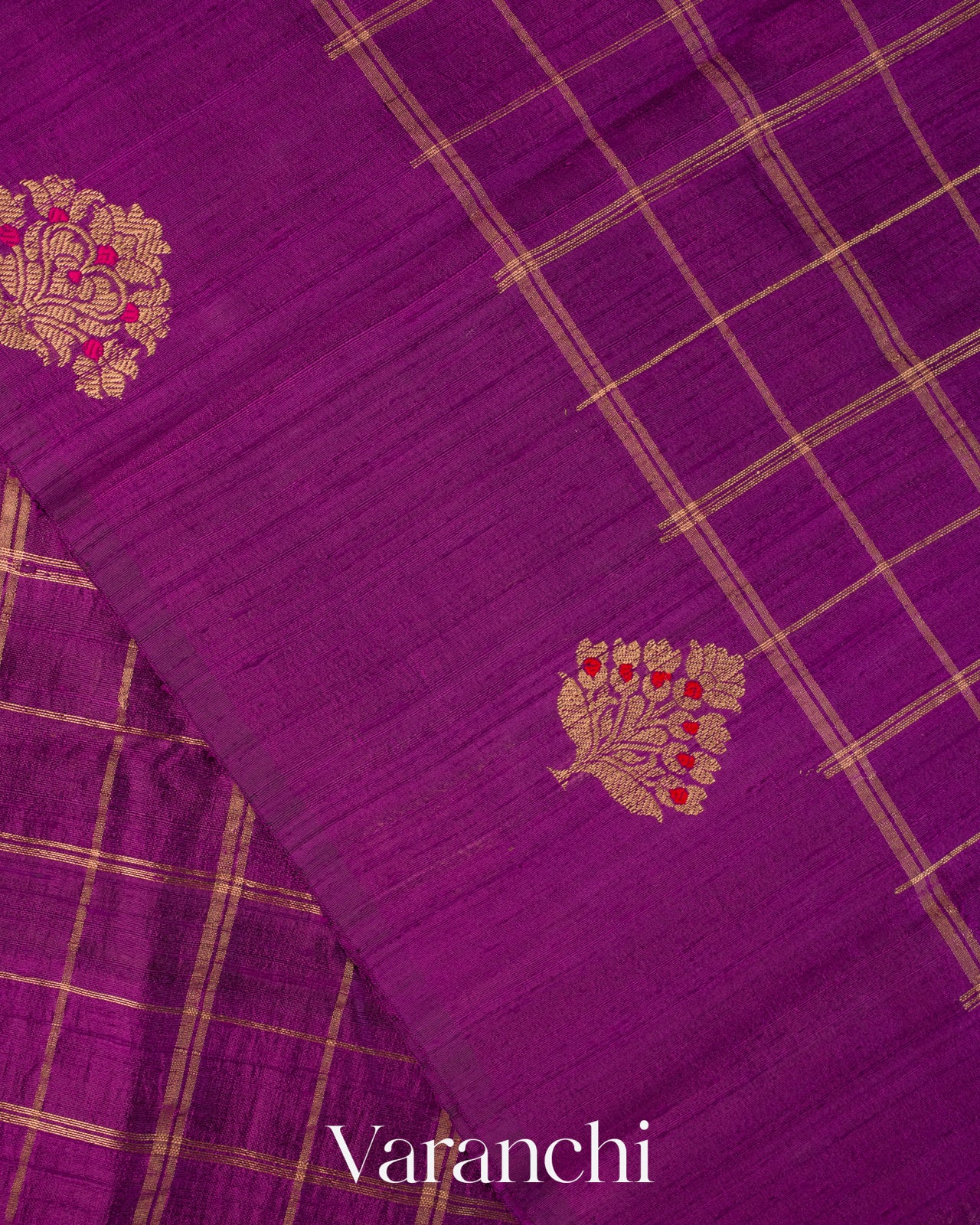 Purple Checkered Pure Raw Silk Handloom Saree