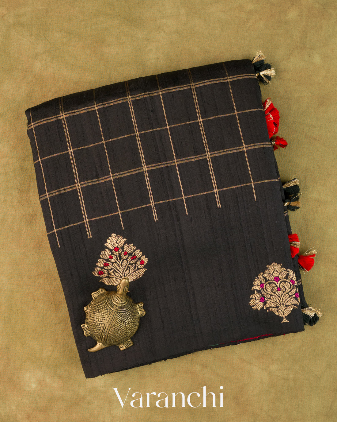 Black Checkered Pure Raw Silk Handloom Saree