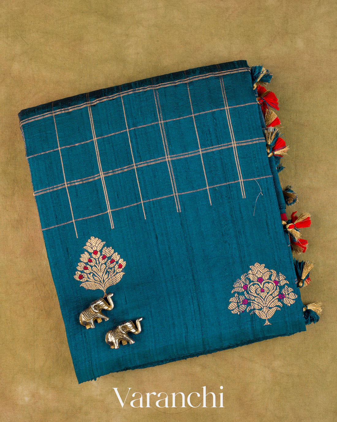 Teal Blue Checkered Pure Raw Silk Handloom Saree
