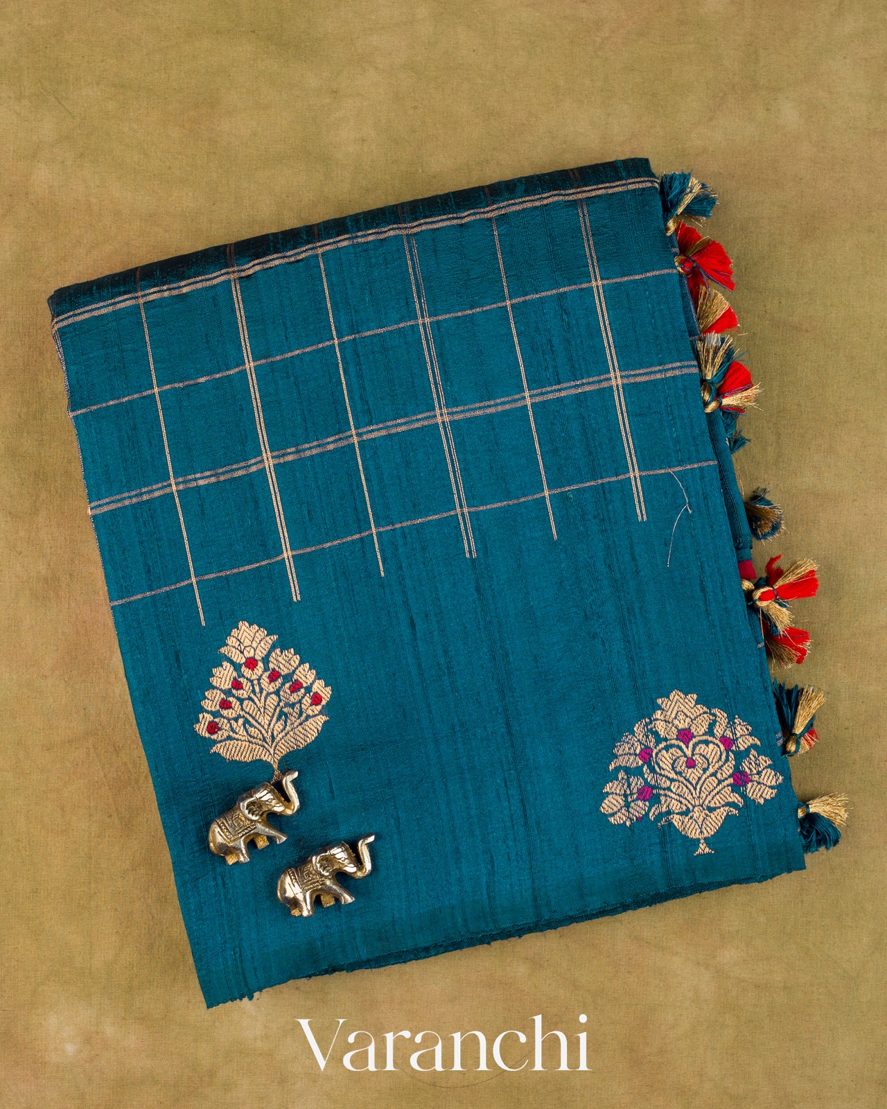 Teal Blue Checkered Pure Raw Silk Handloom Saree