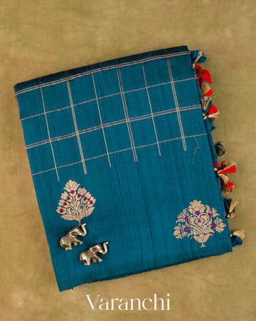 Teal Blue Checkered Pure Raw Silk Handloom Saree