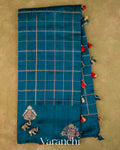 Teal Blue Checkered Pure Raw Silk Handloom Saree