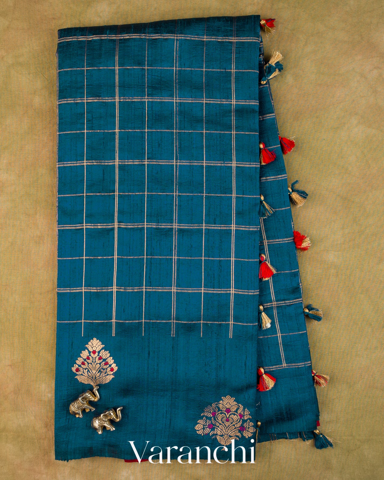 Teal Blue Checkered Pure Raw Silk Handloom Saree