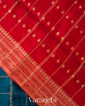 Teal Blue Checkered Pure Raw Silk Handloom Saree