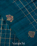 Teal Blue Checkered Pure Raw Silk Handloom Saree