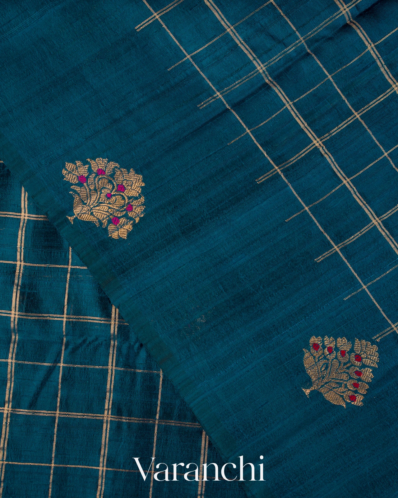 Teal Blue Checkered Pure Raw Silk Handloom Saree