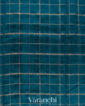Teal Blue Checkered Pure Raw Silk Handloom Saree