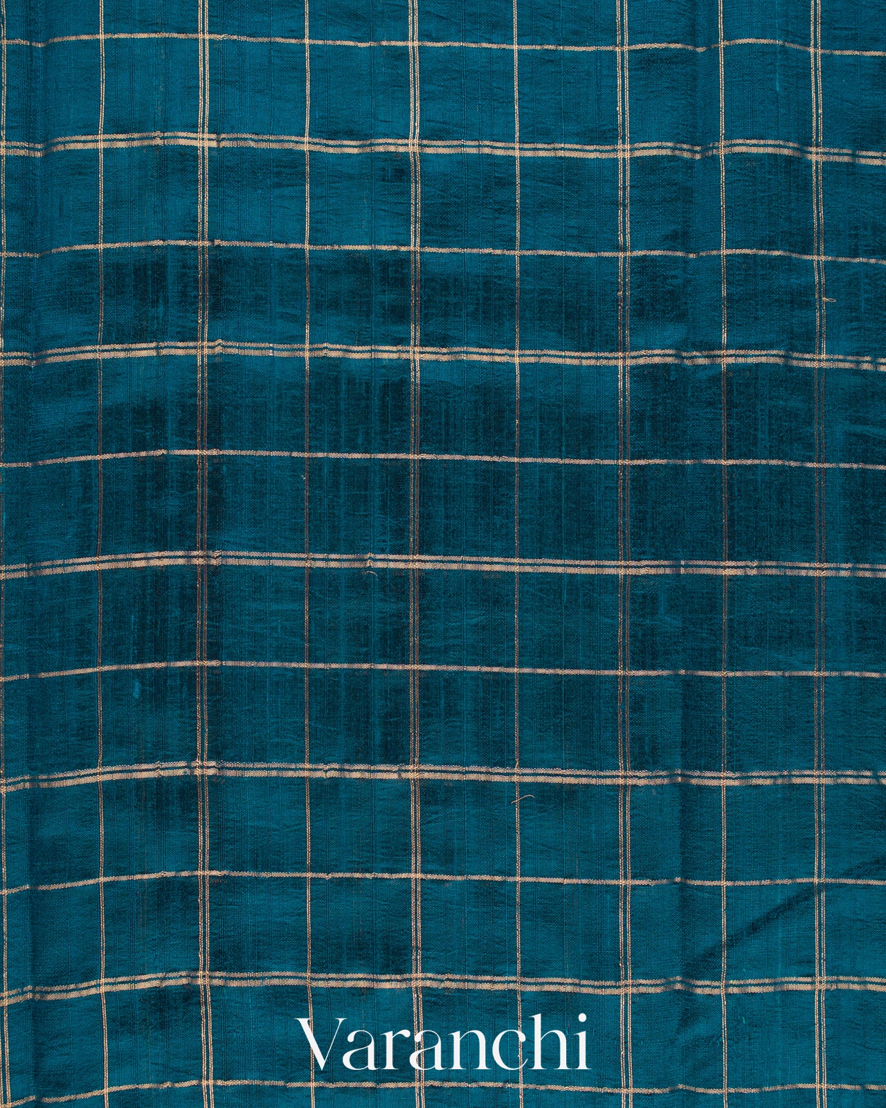 Teal Blue Checkered Pure Raw Silk Handloom Saree