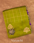 Parrot Green Checkered Pure Raw Silk Handloom Saree