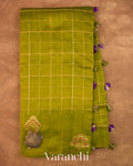 Parrot Green Checkered Pure Raw Silk Handloom Saree