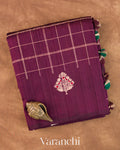 Wine Purple Checkered Pure Raw Silk Handloom Saree