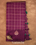 Wine Purple Checkered Pure Raw Silk Handloom Saree