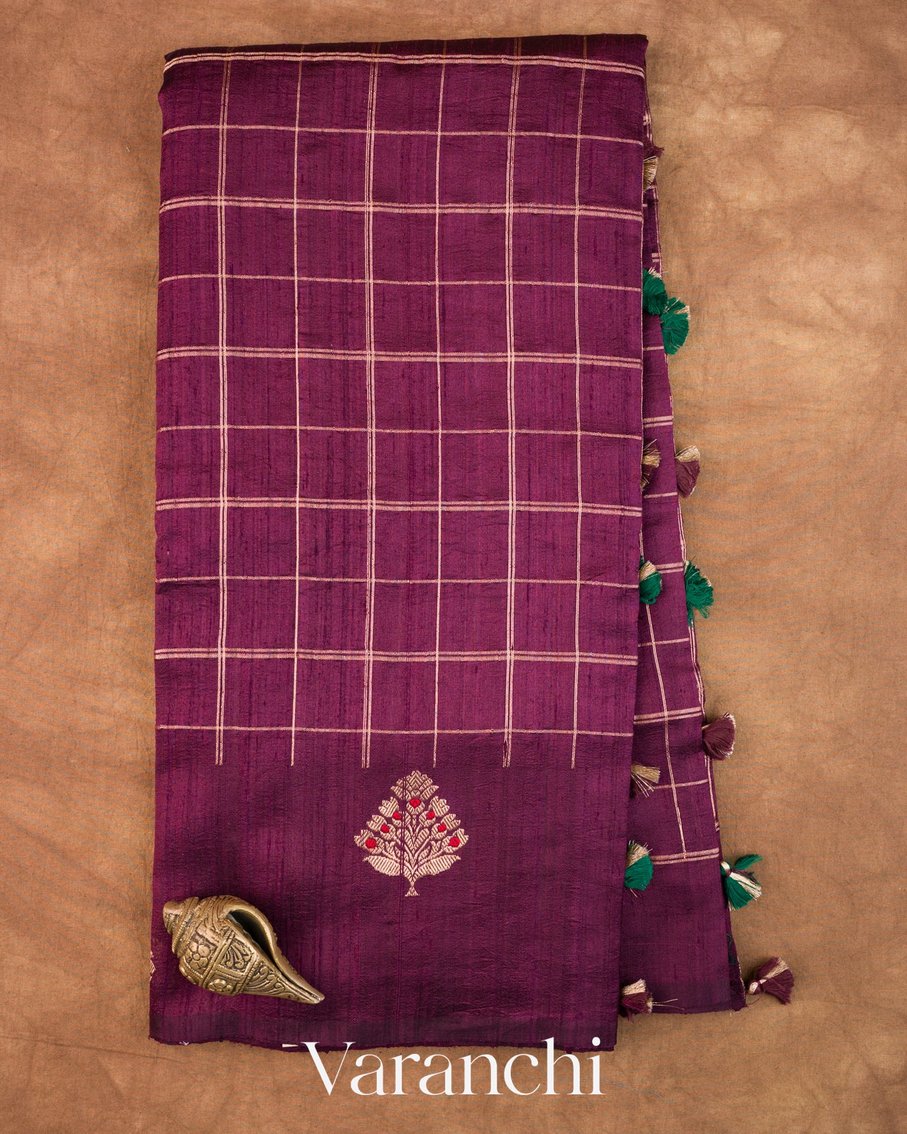 Wine Purple Checkered Pure Raw Silk Handloom Saree