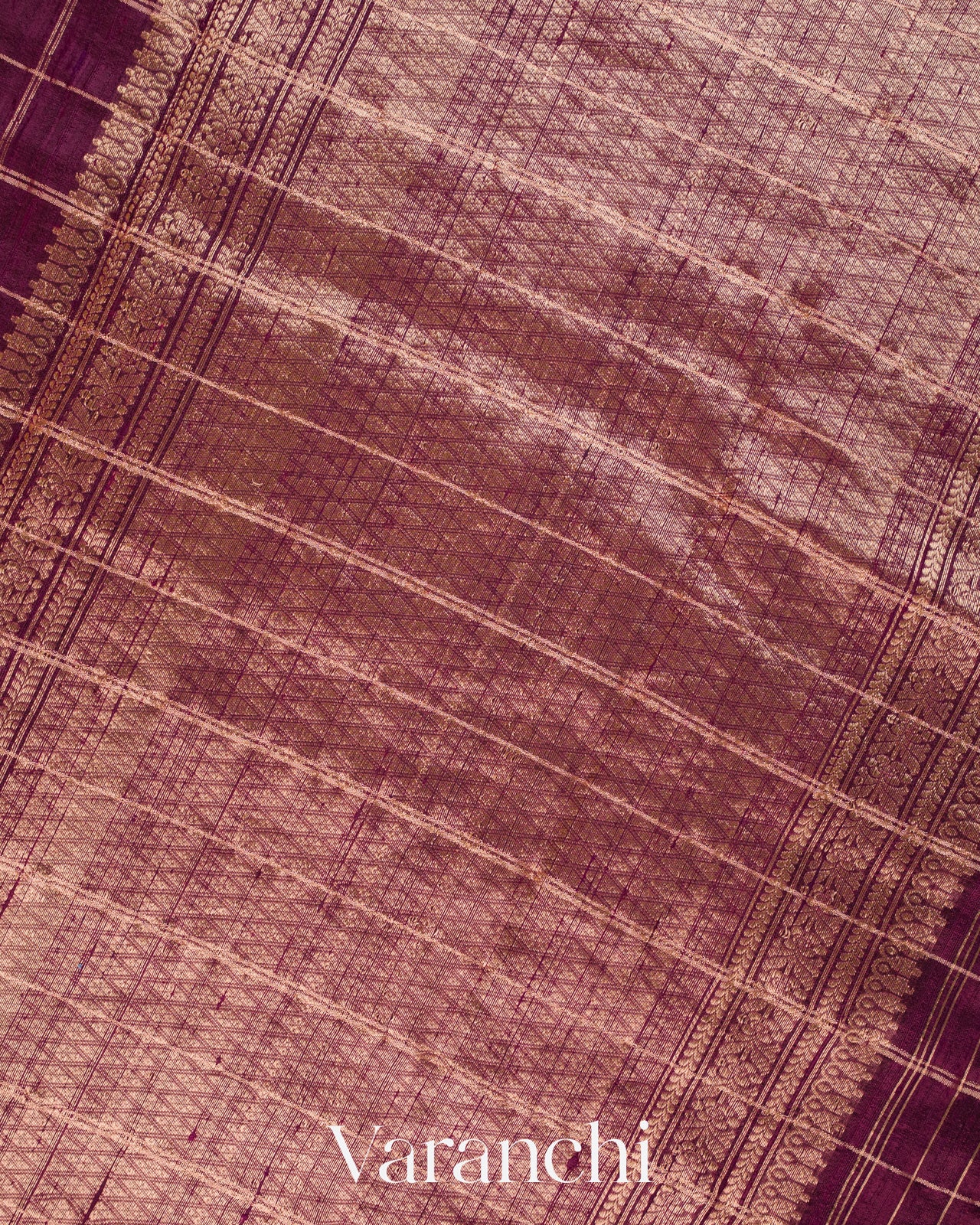 Wine Purple Checkered Pure Raw Silk Handloom Saree