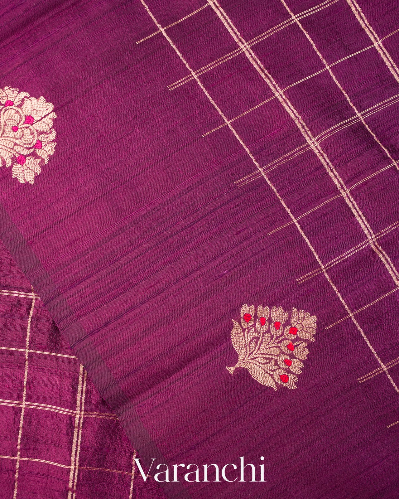 Wine Purple Checkered Pure Raw Silk Handloom Saree