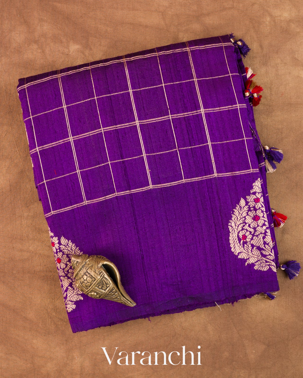 Royal Purple Checkered Pure Raw Silk Handloom Saree