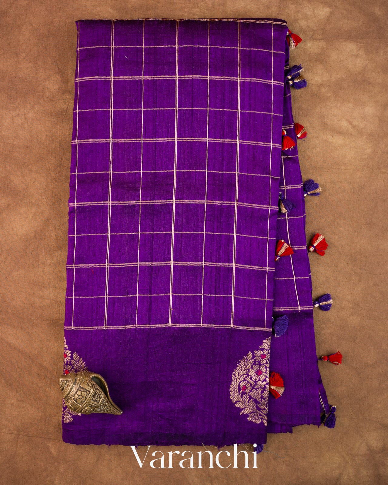 Royal Purple Checkered Pure Raw Silk Handloom Saree