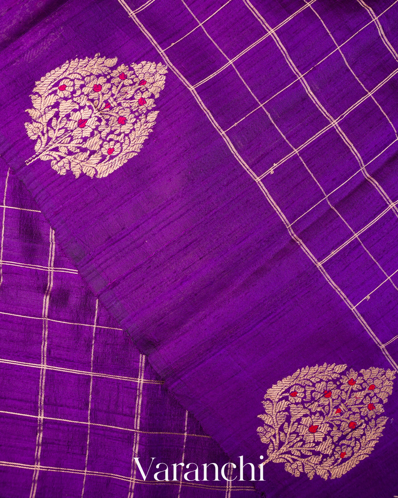 Royal Purple Checkered Pure Raw Silk Handloom Saree