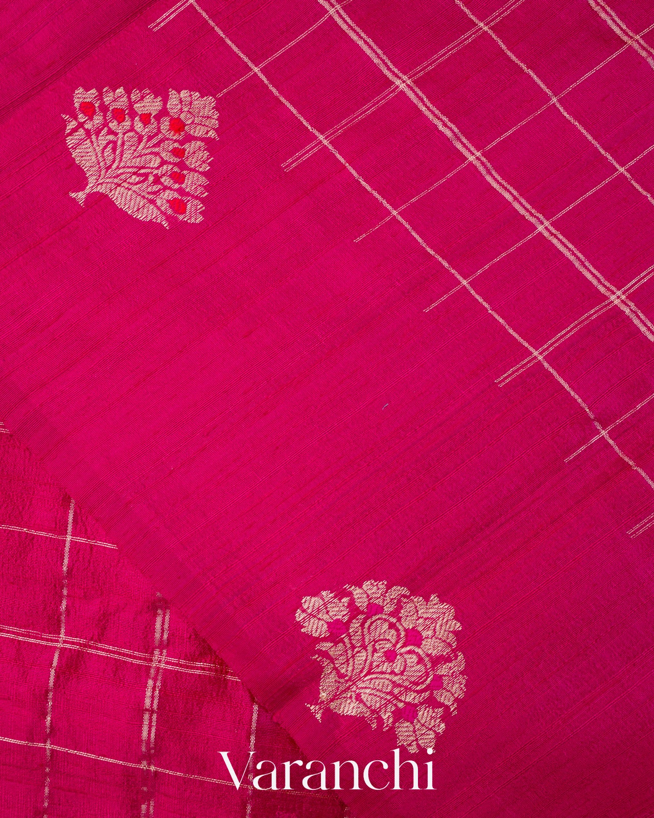 Rani Pink Checkered Pure Raw Silk Handloom Saree