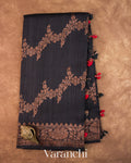 Jet Black Lehariya Pure Raw Silk Handloom Saree