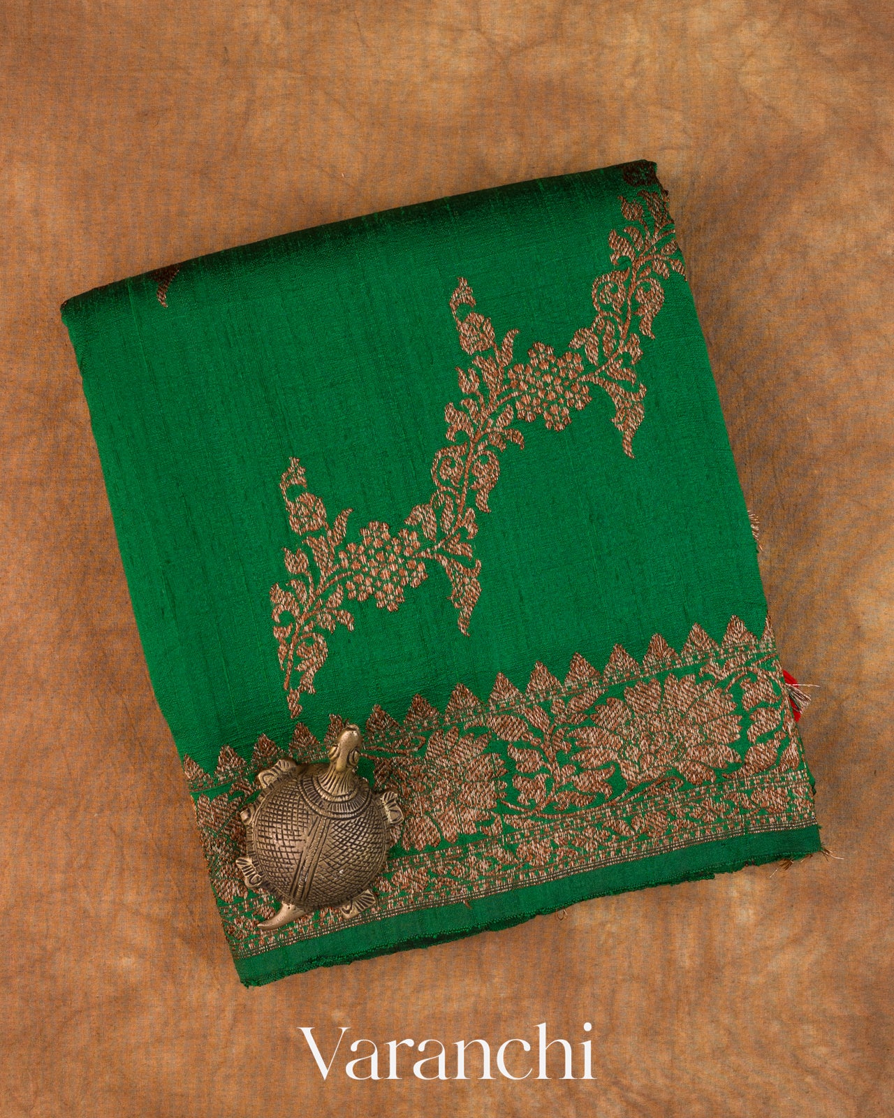 Emerald Green Floral Lehariya Pure Raw Silk Handloom Saree