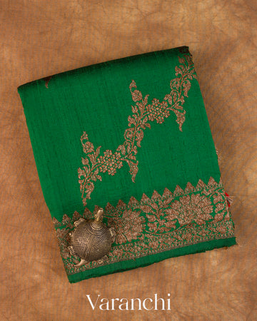 Emerald Green Floral Lehariya Pure Raw Silk Handloom Saree