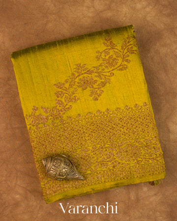 Olive Yellow Lehariya Pure Raw Silk Handloom Saree