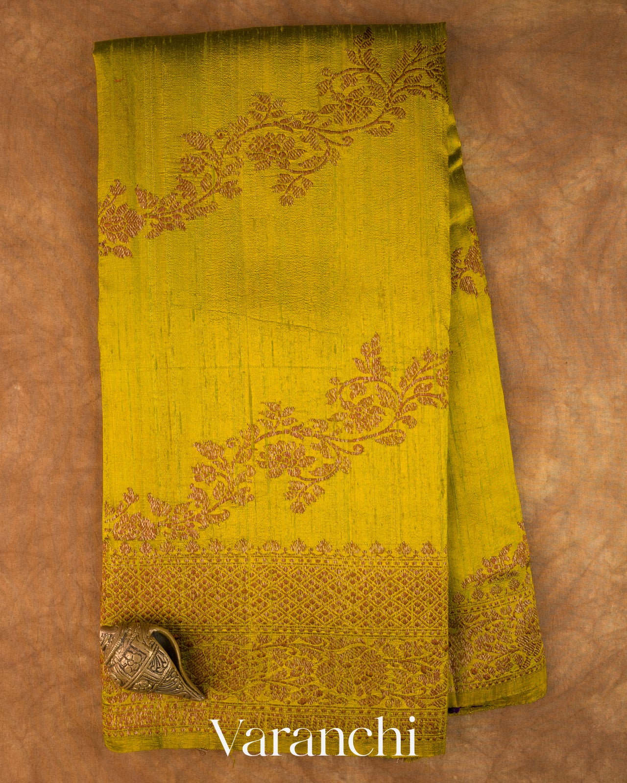 Olive Yellow Lehariya Pure Raw Silk Handloom Saree