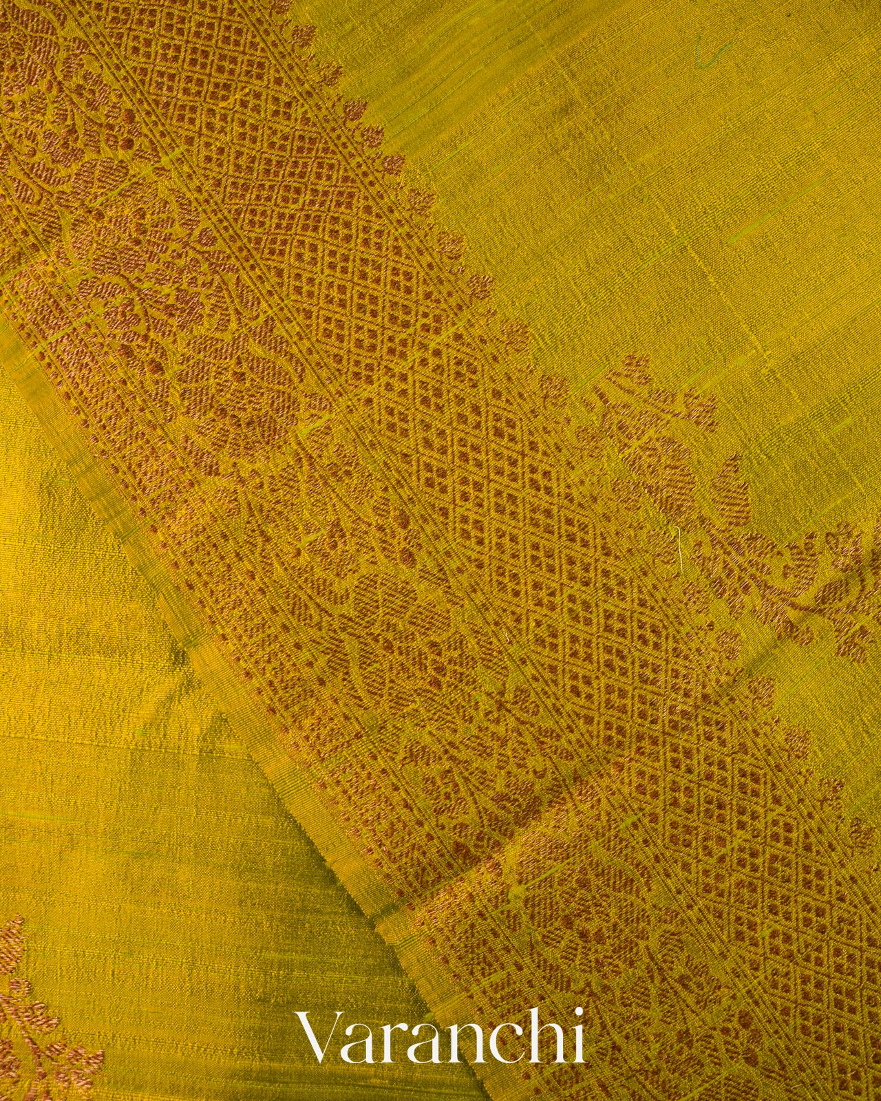 Olive Yellow Lehariya Pure Raw Silk Handloom Saree