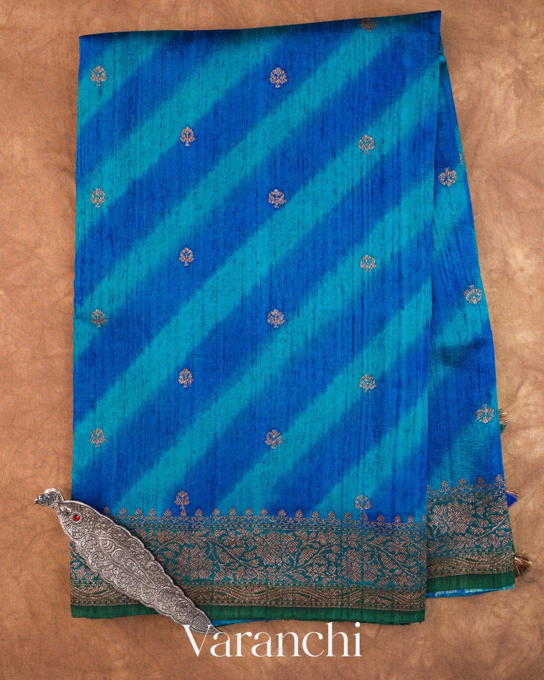 Peacock Blue Lehariya Shibori Pure Raw Silk Handloom Saree