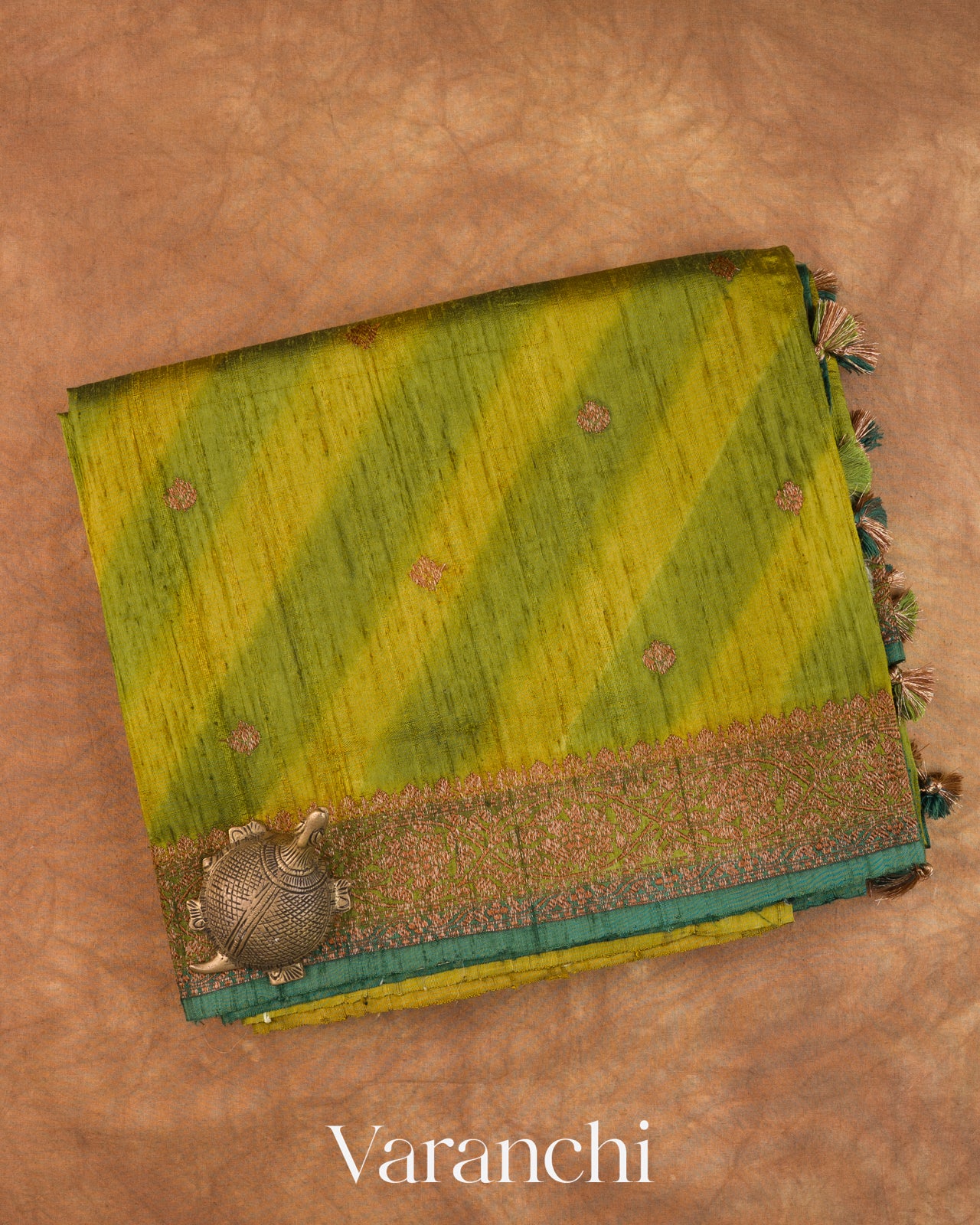 Olive Green Lehariya Shibori Pure Raw Silk Handloom Saree