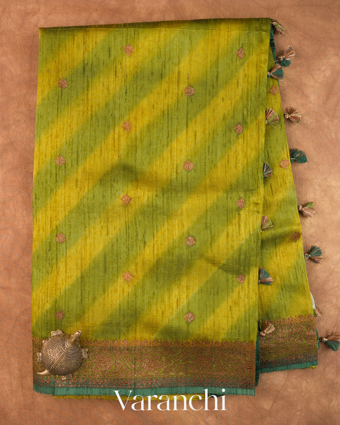Olive Green Lehariya Shibori Pure Raw Silk Handloom Saree