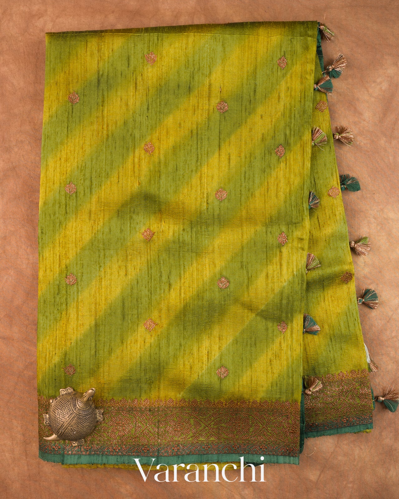Olive Green Lehariya Shibori Pure Raw Silk Handloom Saree