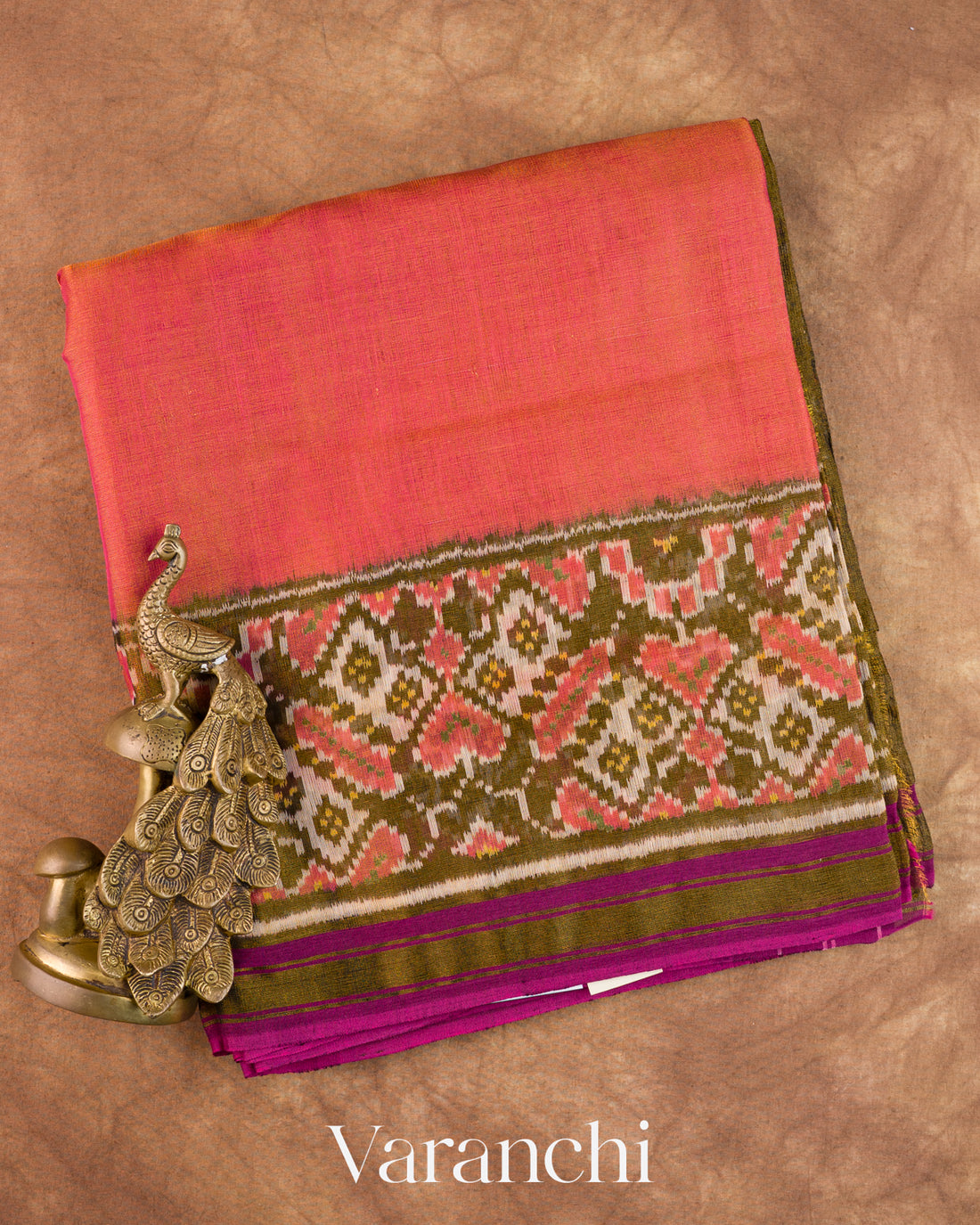 Coral Pink Patola Bordered Pure Rajkot Patola Cotton Tissue Handloom Saree