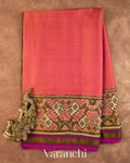 Coral Pink Patola Bordered Pure Rajkot Patola Cotton Tissue Handloom Saree