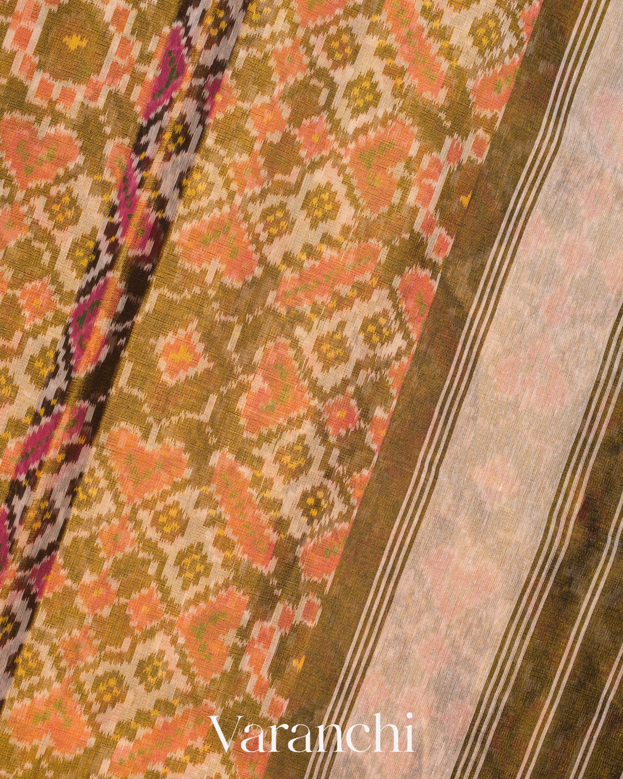 Coral Pink Patola Bordered Pure Rajkot Patola Cotton Tissue Handloom Saree