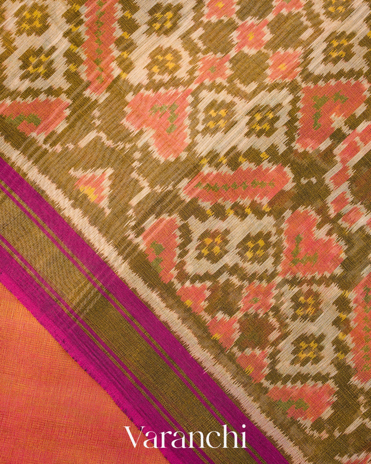 Coral Pink Patola Bordered Pure Rajkot Patola Cotton Tissue Handloom Saree