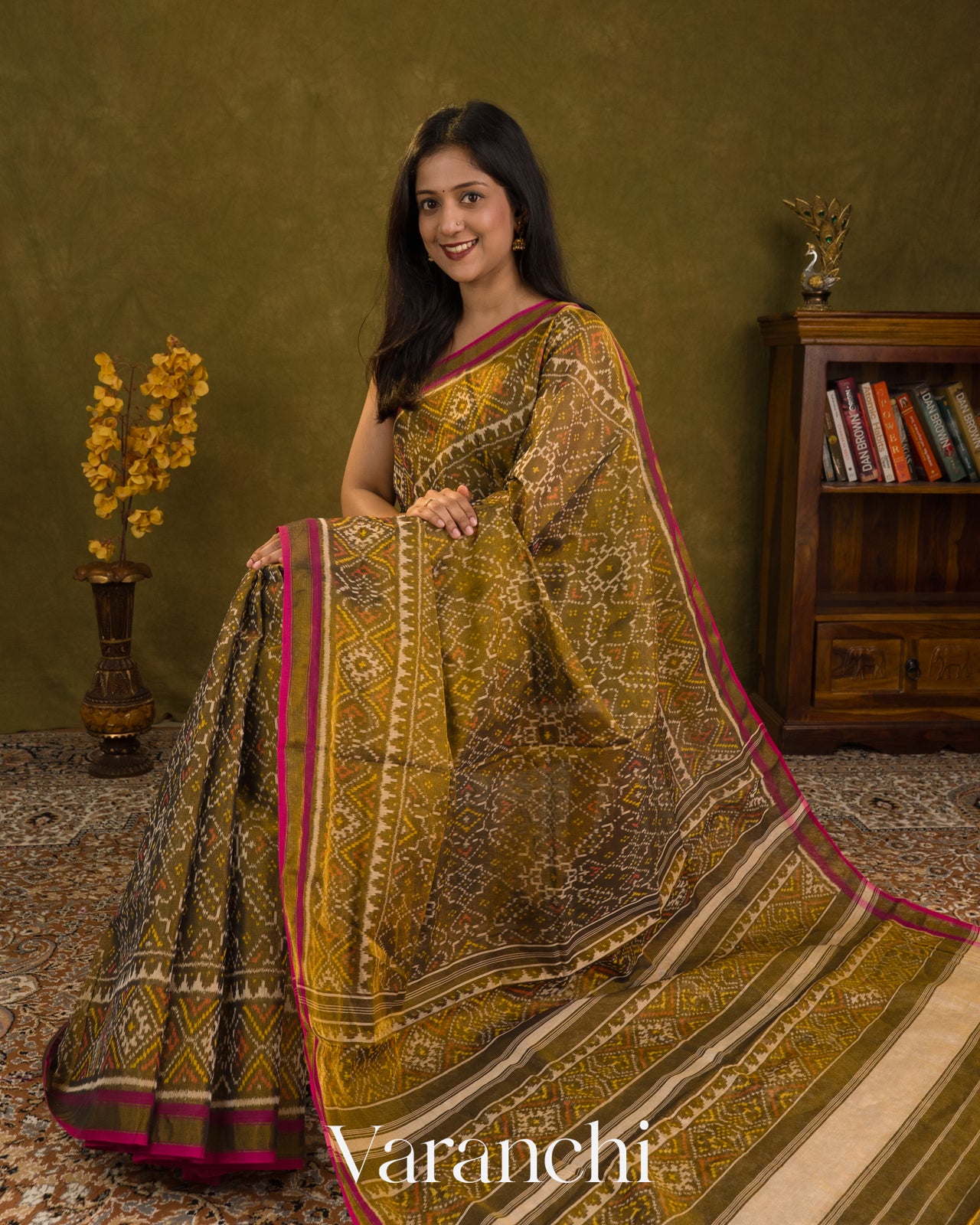 Olive Green Pure Rajkot Patola Silk Handloom Saree