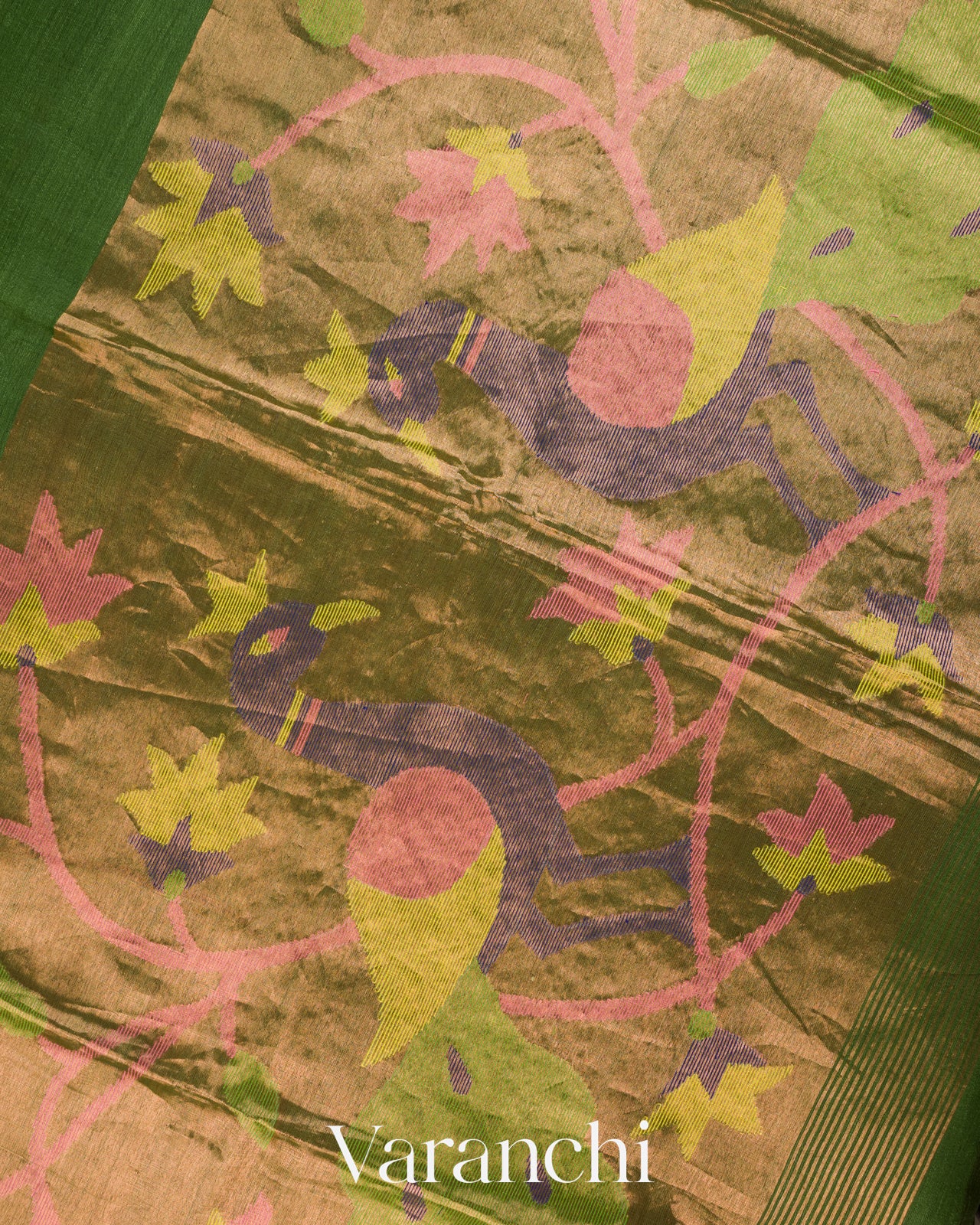Mehandi Green Jamdani with Paithani Pallu Pure Muslin Silk Handloom Saree