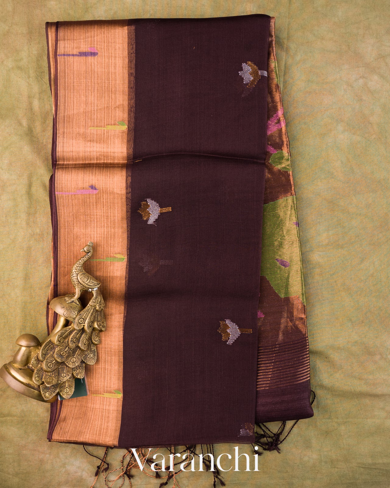 Dark Brown Jamdani Pure Muslin Silk Handloom Saree