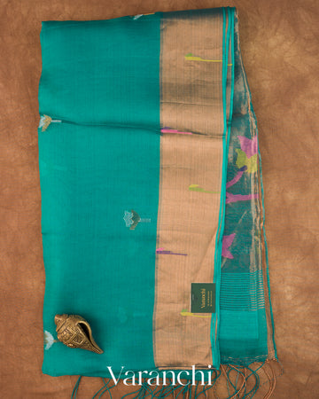 Turquoise Blue Jamdani with Paithani Pallu Pure Muslin Silk Handloom Saree