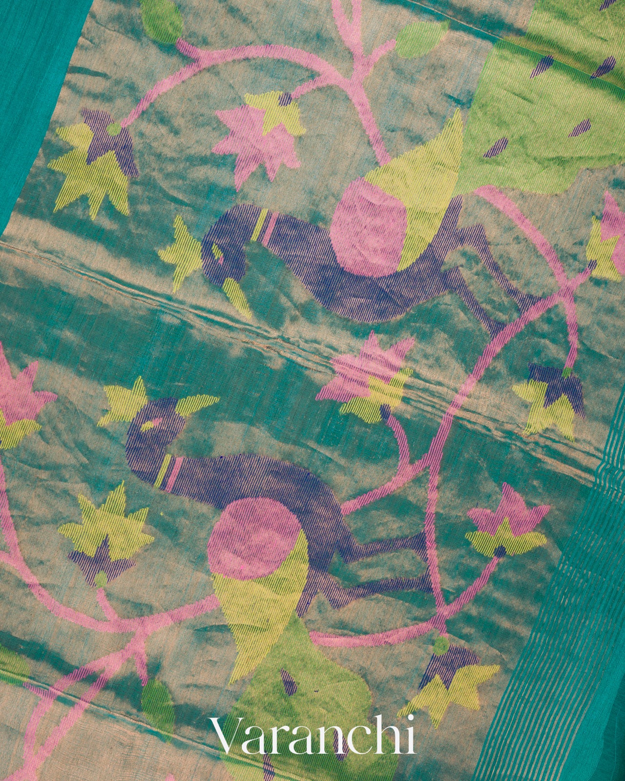Turquoise Blue Jamdani with Paithani Pallu Pure Muslin Silk Handloom Saree