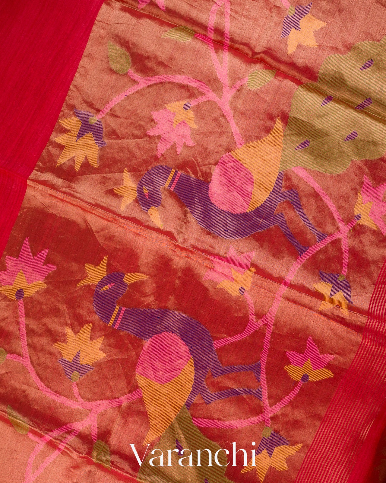 Bright Red Jamdani with Paithani Pallu Pure Muslin Silk Handloom Saree