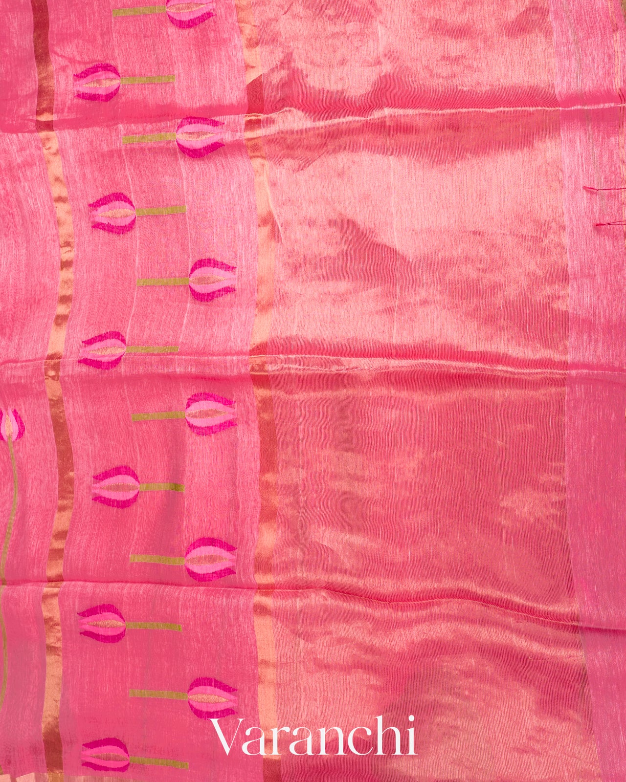 Rose Pink Lotus Jamdani Pure Silk Linen Handloom Saree