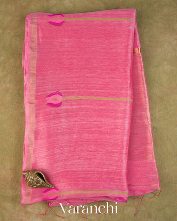 Rose Pink Lotus Jamdani Pure Silk Linen Handloom Saree