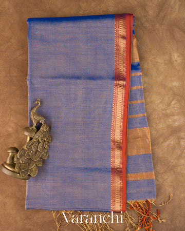Ink Blue Pure Maheshwari Silk Cotton Tissue Handloom Saree
